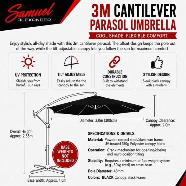 Samuel Alexander 3m Cantilever Parasol in Black with Crank Handle - Patio Garden Banana Parasol with UV Protection Outdoor Umbrella Sun Shades-Garden