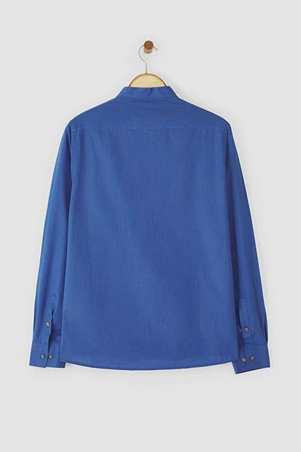 WOVCOR Slim Fit Half Placket Mandarin Collar 100% Cotton Linen Look Men’s Shirt