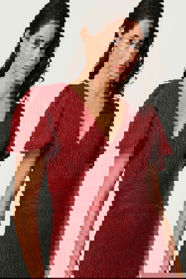 Red | Printed Lace Texture Slim Midi Dress