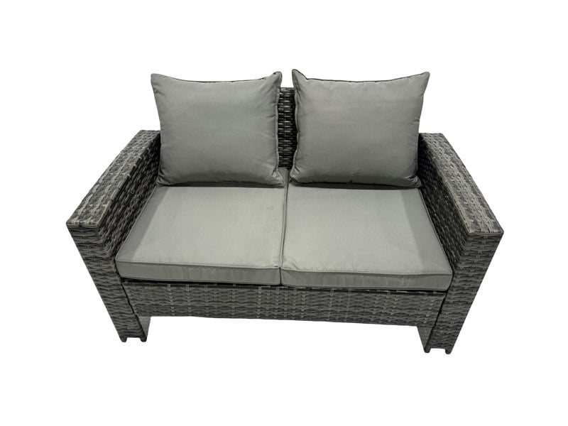 Fimous Outdoor Love Sofa Set 6 Seat Rattan Garden Furniture Set with Gas Firpit Dining Table 2 Big Footstools 2 Side Table Dark Grey Mixed