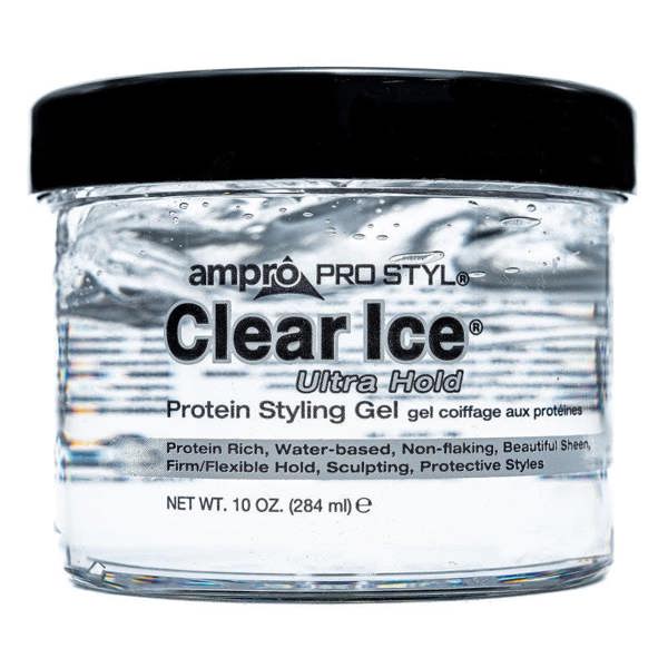 Clear Ice Protein Styling Gel jar with black lid on a white background