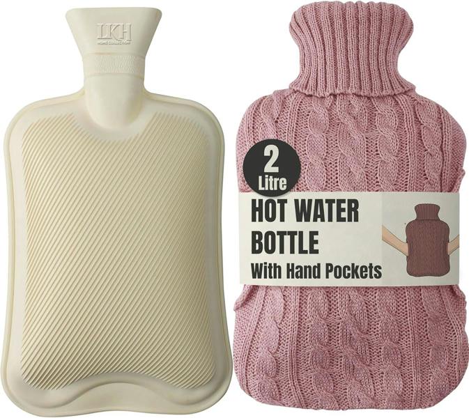 LKH HOME COLLECTION Hot Water Bottle with Cover UK 2L Soft Knitted Washable Cover with hand pockets keeps both hands warm, Leakproof Design