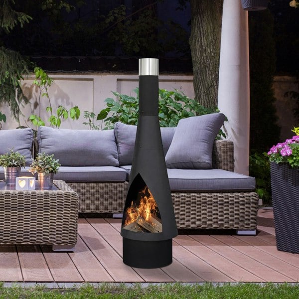 45x150cm BLACK STEEL Round Chininea Wood Burner - Fire Pit Garden Heater Outdoor - LoopsDirect