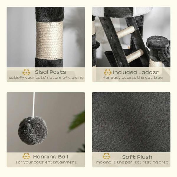 Sisal posts, included ladder, hanging ball, and soft plush resting areas