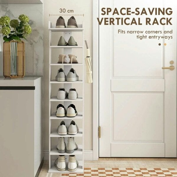 Bobobiy Shoe Rack 9-Tier Shoe Storage Organiser Top Tray Guardrail 2 Hooks 30 x 30 x 128.4 cm White