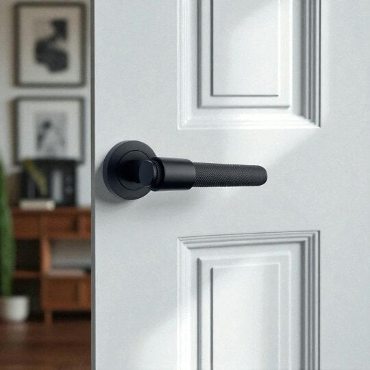 EDH Door Hardware Knurled Door Handles Chrome, Black, Brass – Loop & Neck Lever on Rose Latch