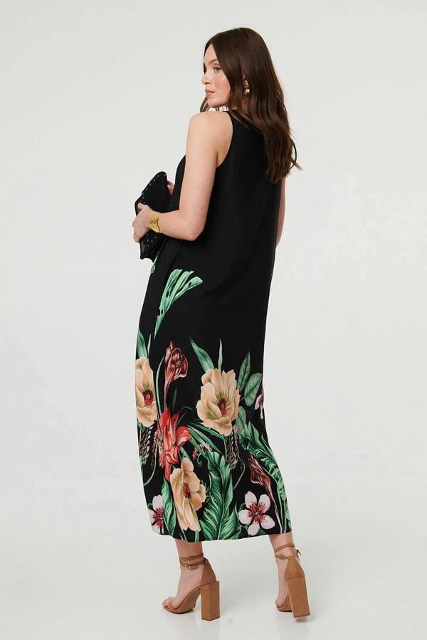 Black | Tropical Floral Sleeveless Midi Dress