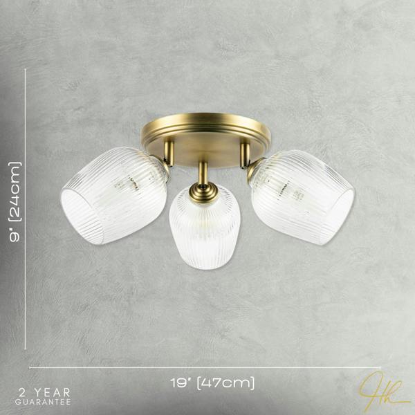Antique Brass Triple Spot Ceiling Light with Clear Ribbed Glass Shades Image 7