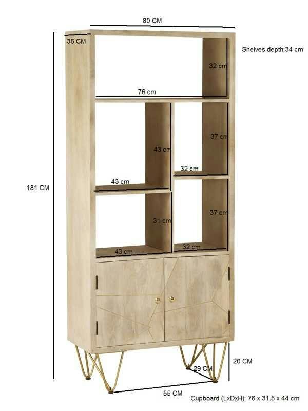 Wyld Haus Manila Light Gold Large Bookcase 2 Doors 5 Shelves