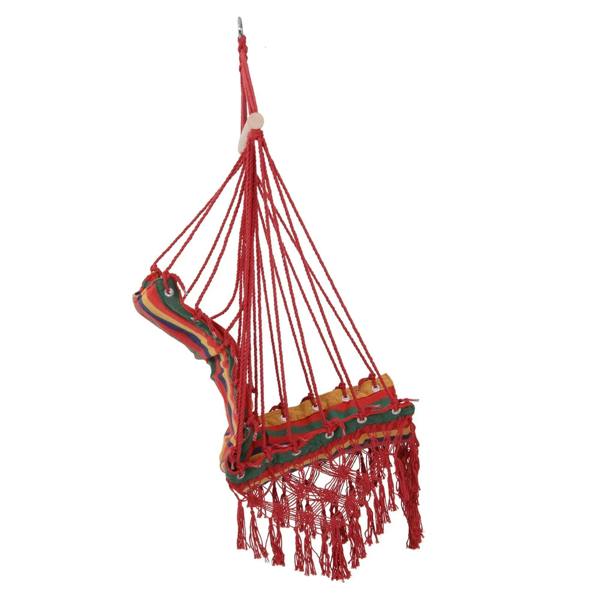 Multicolor striped hammock chair swing with red ropes and fringed seat hanging from top