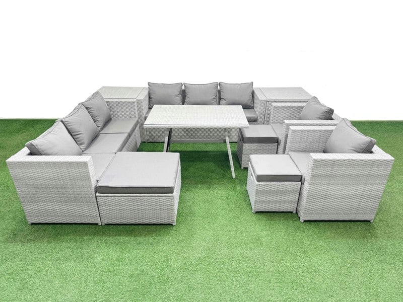 Fimous 11 Seater Garden Furniture Set PE Rattan Garden Sofa Set with Rectangular Dining Table 3 Stool 2 Side Tables Light Grey