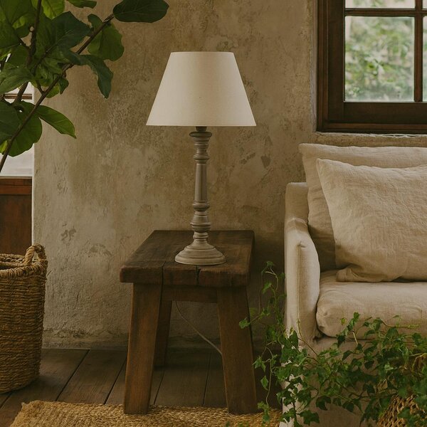 Wyld Haus Turin Rustic Tall Distressed Grey Wooden Table Lamp with Cream Linen Shade