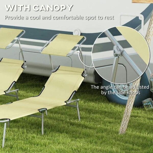Bobobiy Folding Sun Lounger Set of 2 with Canopy, Reclining Sunbed with 4-Position Adjustable Backrest, 600D Oxford Cloth, Beige