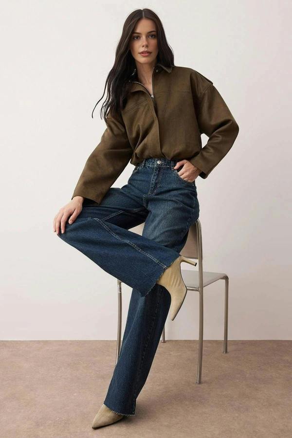 WOVCOR High Waist Wide Leg Jeans with Cut-Out Legs
