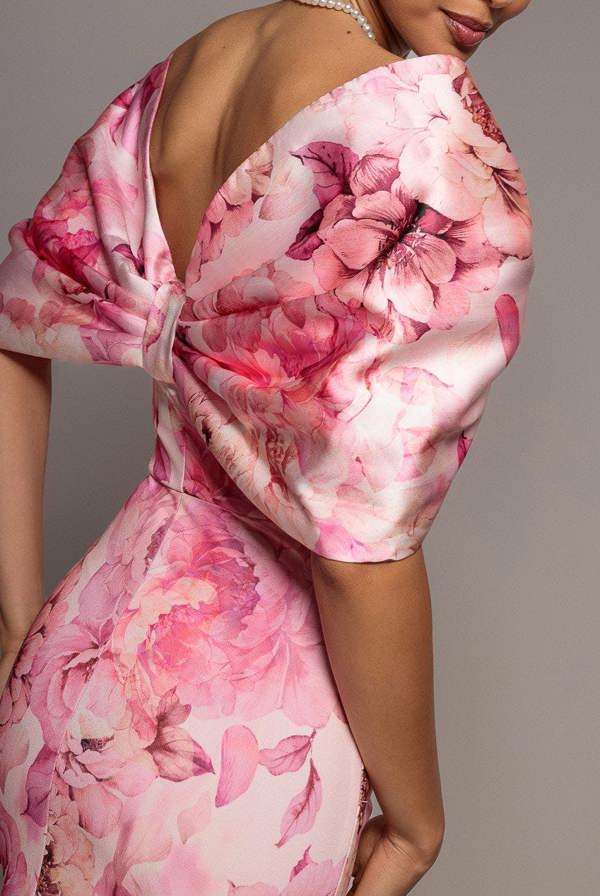 Printed Off Shoulder Satin Bow Back Maxi Dress - Blush Pink DR5282