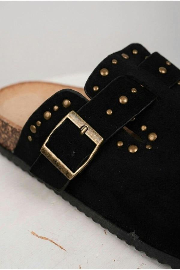 Demi Womens Studded Buckle Clog Mules - Black