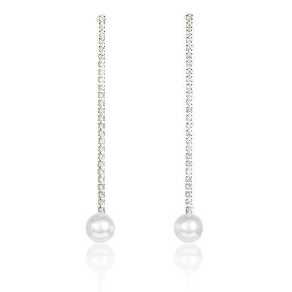 namana Silver Long Drop Earrings with Pearl and Rhinestone Chain for Women