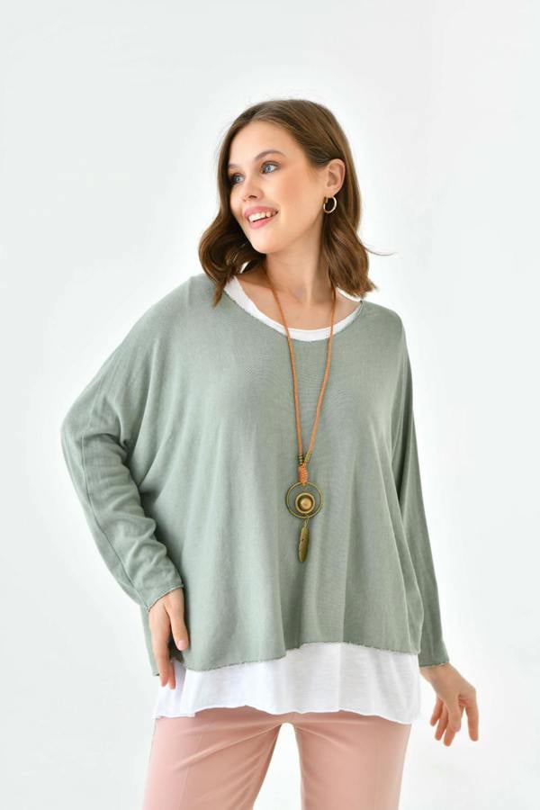 Hoxton Gal Oversized Long Sleeve Layered Blouse With Necklace in Green and White
