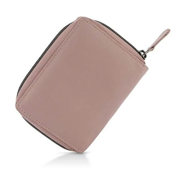 Pink zippered pouch on a white background