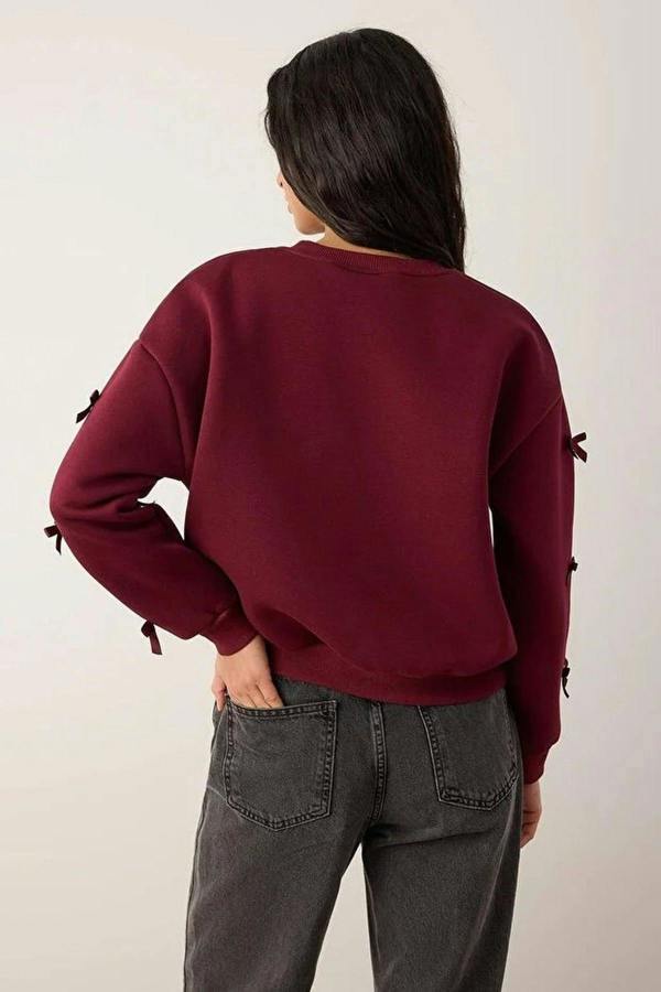 WOVCOR Thick Fleece Knitted Sweatshirt with Ribbon Detail
