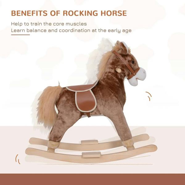 Brown plush rocking horse on wooden rocker base with white muzzle and saddle trim
