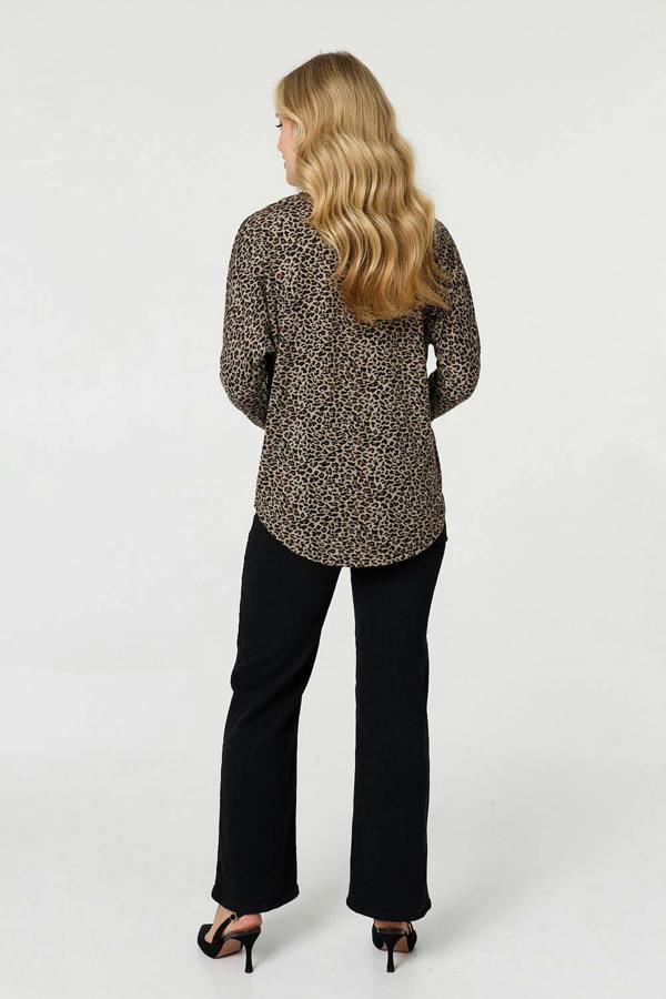 Brown | Animal Print Zip Front Long Sleeve Top