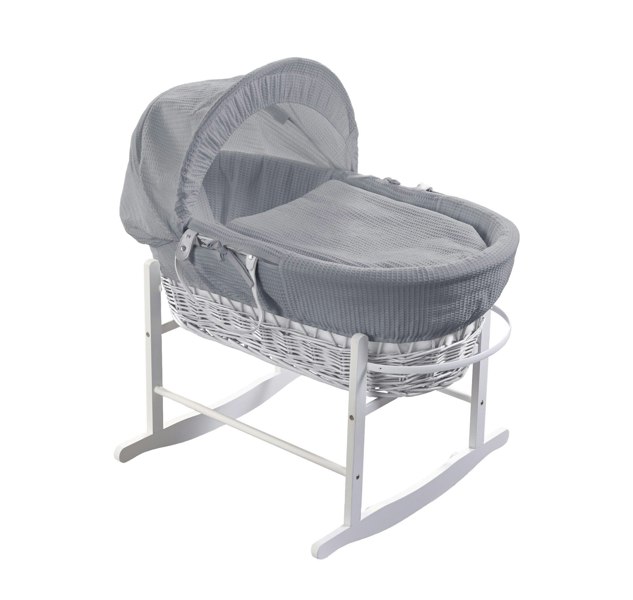 Kinder Valley Grey Waffle White Wicker Moses Basket with Rocking Stand White