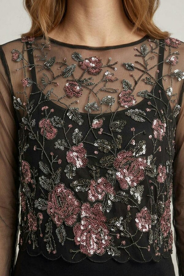 Izabel London Floral Embellished Long Sleeve Mesh Top