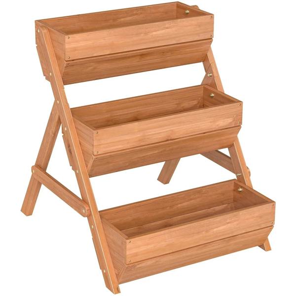 Brown 3-tier raised wooden planter box with open shelves and angled support frame