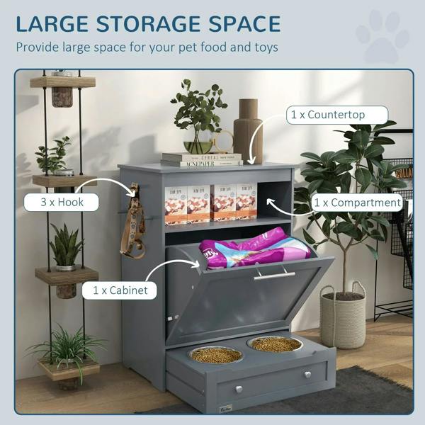 Grey pet feeder cabinet with raised bowls and open top storage compartment