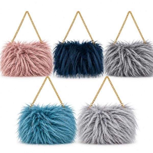 Love EMVY Ladies Fluffy Faux Fur Crossbody Shoulder Bag with Gold Chain Strap