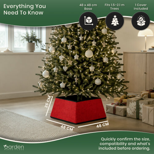 Square Red Christmas Tree Skirt, Cosy Fabric Stand Cover for 1.5–2.1m Trees, Easy Unfold Design, 48cm x 48cm Base, 25cm High