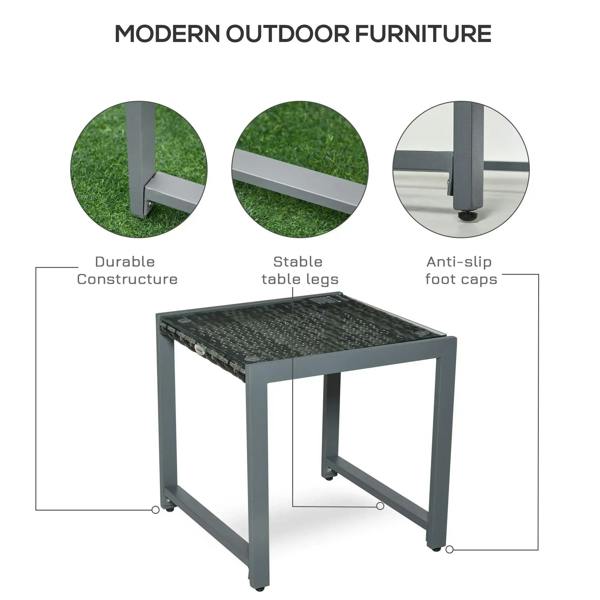 Grey rattan outdoor table with dark glass top and stable four-leg base