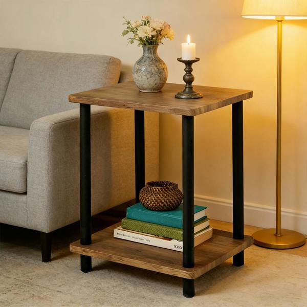 Havendro 2 Tier Oak Finish Side Table Small Coffee End Table with Shelf for Home Office Bedroom