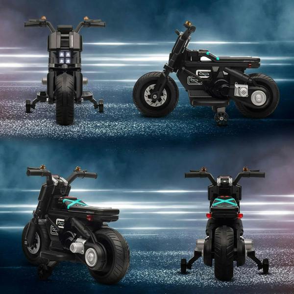 Black kids electric motorbike shown from multiple angles with training wheels and headlight