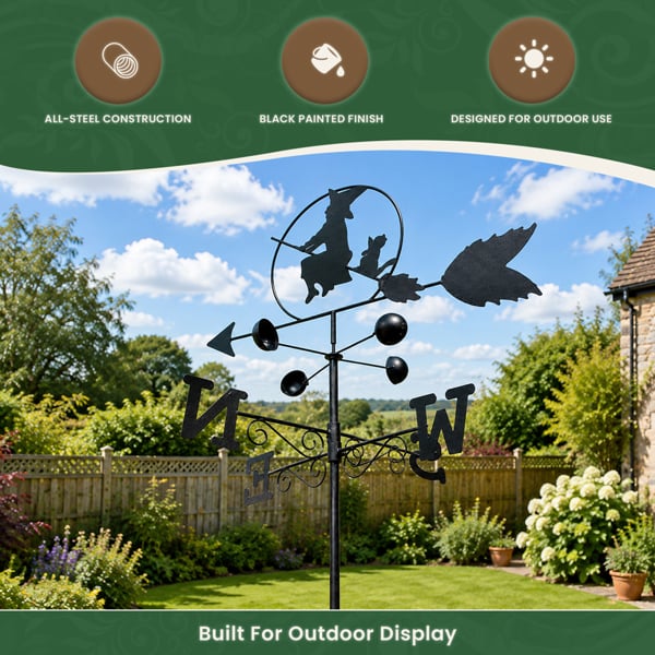Witch Steel Weathervane, Black Painted All-Steel Weather Vane With Wall Fixings and 1.7m Ground Spike, Wind Speed Cups