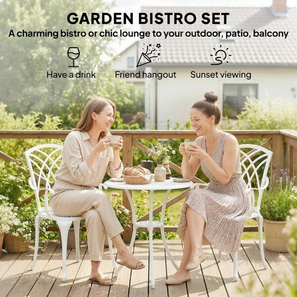3 Pieces Garden Bistro Set, Cast Aluminium Outdoor Dining Set with 2 Chairs and Round Table with Parasol Hole, White