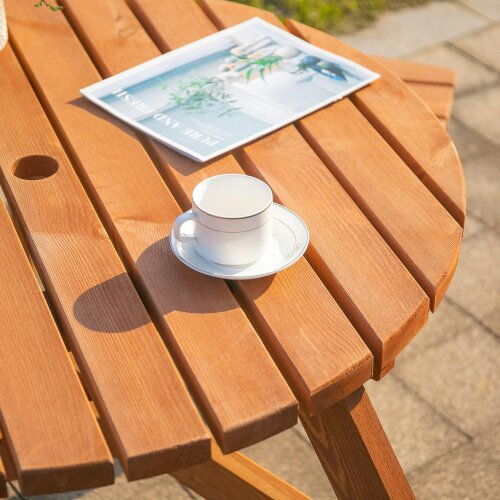 Wyld Haus Bare Wood Brown Red 6 Seater Round Picnic Table With 3 Benches And Parasol Hole