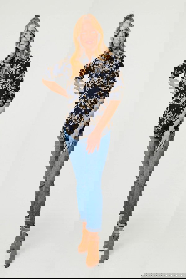 Navy | Floral Embroidered Long Sleeve Blouse
