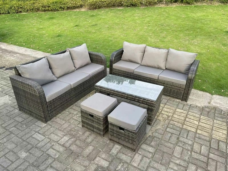 Fimous Dark Grey PE Wicker High Back Rattan Garden Furniture Set Lounge Sofa 3 Seater Sofa Set Outdoor Rectangular Coffee Table Stools 8 Seater
