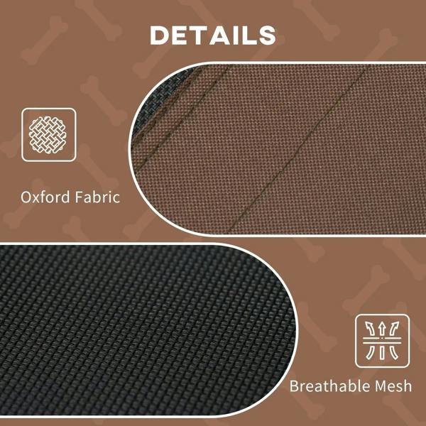 Brown pet cot fabric close-up showing woven Oxford material and breathable mesh