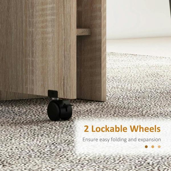 Natural wood table corner with locking caster wheel and open two-tier shelf