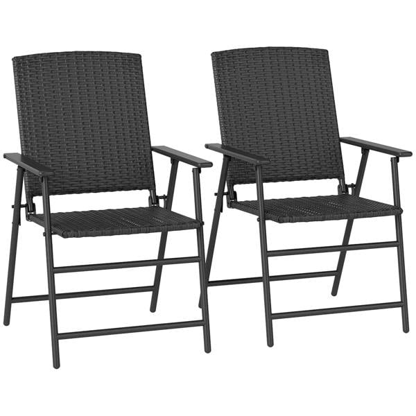 Set of two folding rattan seat chairs in dark woven black with armrests and metal frame
