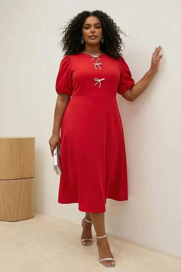 WOVCOR A-Line Woven Elegant Dress with Bow Detail