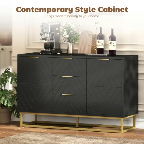 Wyld Haus Varase Black Sideboard 3 Drawers 2 Doors Gold Accents