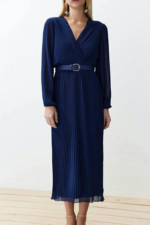 Belted A-Line Pleated Maxi Dress