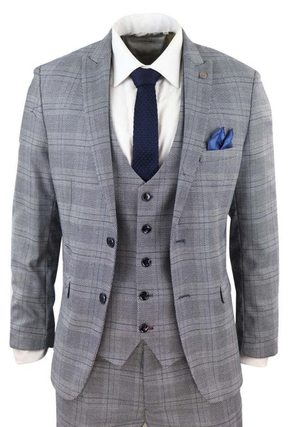 Marc Darcy Mens 3 Piece Grey Birdseye Check Classic Suit