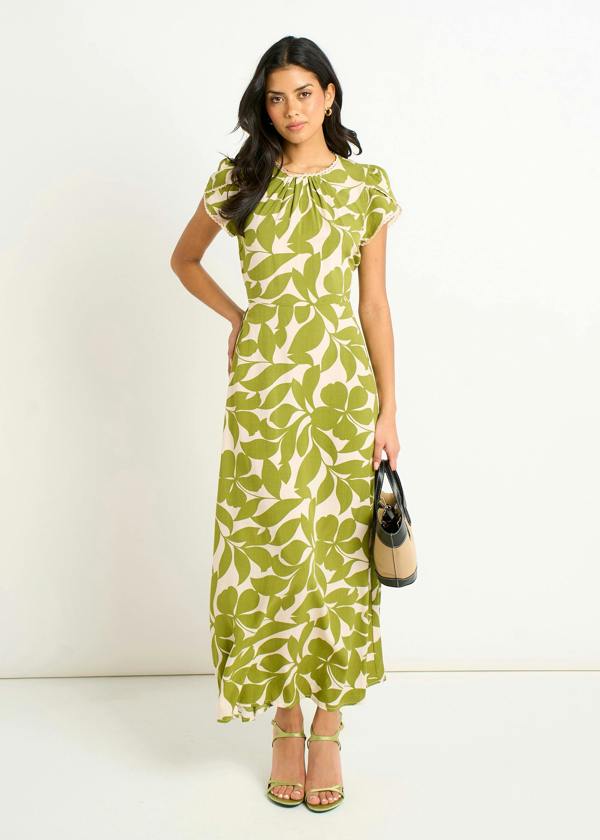 Gini London Green Petal Cuff Elasticated Waist Maxi Dress