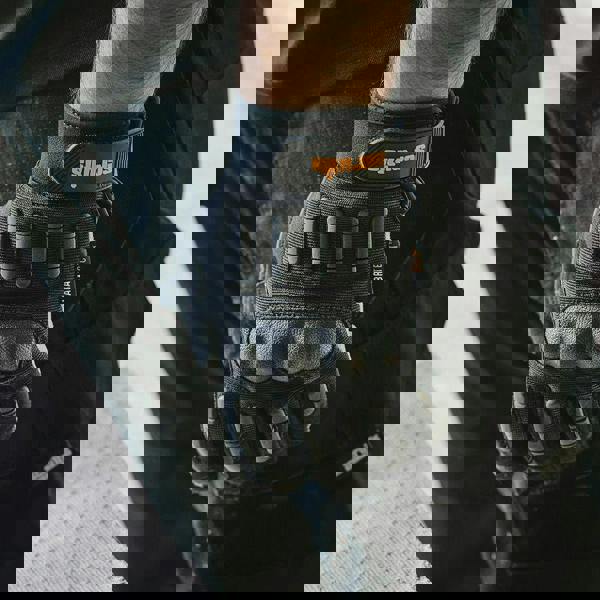 Scruffs Trade Shock Impact Men's Work Padded Palm Gloves, black protective work gloves with reinforced padding and grip enhancements.