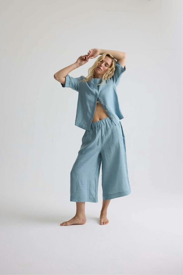 Pretty You London Relaxed Linen Colette Trousers In Blue Haze